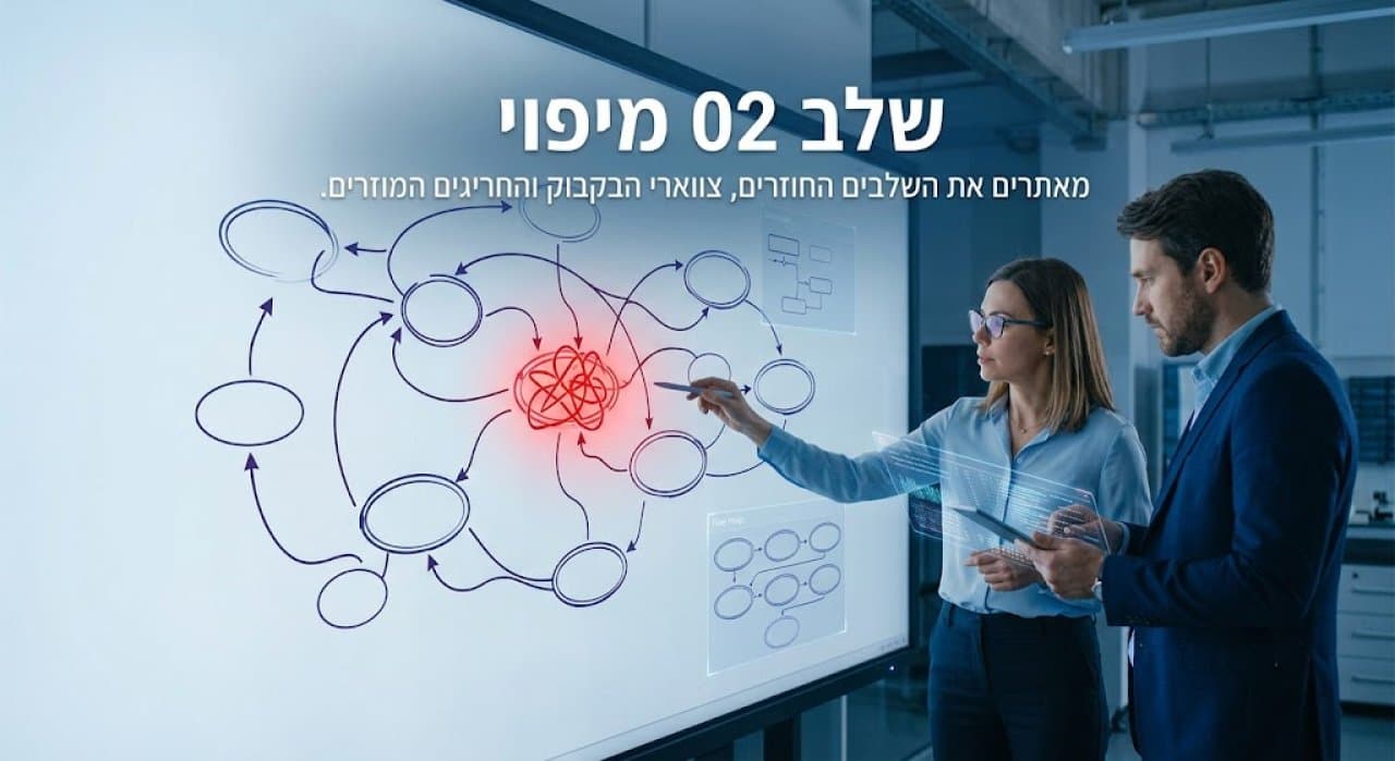 Two people at an interactive board tracing the repetitive steps, bottlenecks, and exceptions in a process.