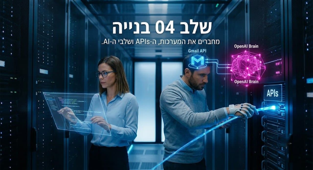 Engineers in a data center wiring systems, APIs, and AI steps together into one automation.