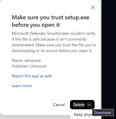 Edge's dialog: Make sure you trust setup.exe before you open it, Publisher: Unknown, with Keep anyway under the Delete menu.