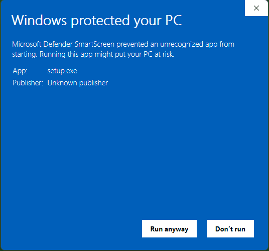 SmartScreen after More info: App setup.exe, Publisher: Unknown publisher, with the Run anyway button.
